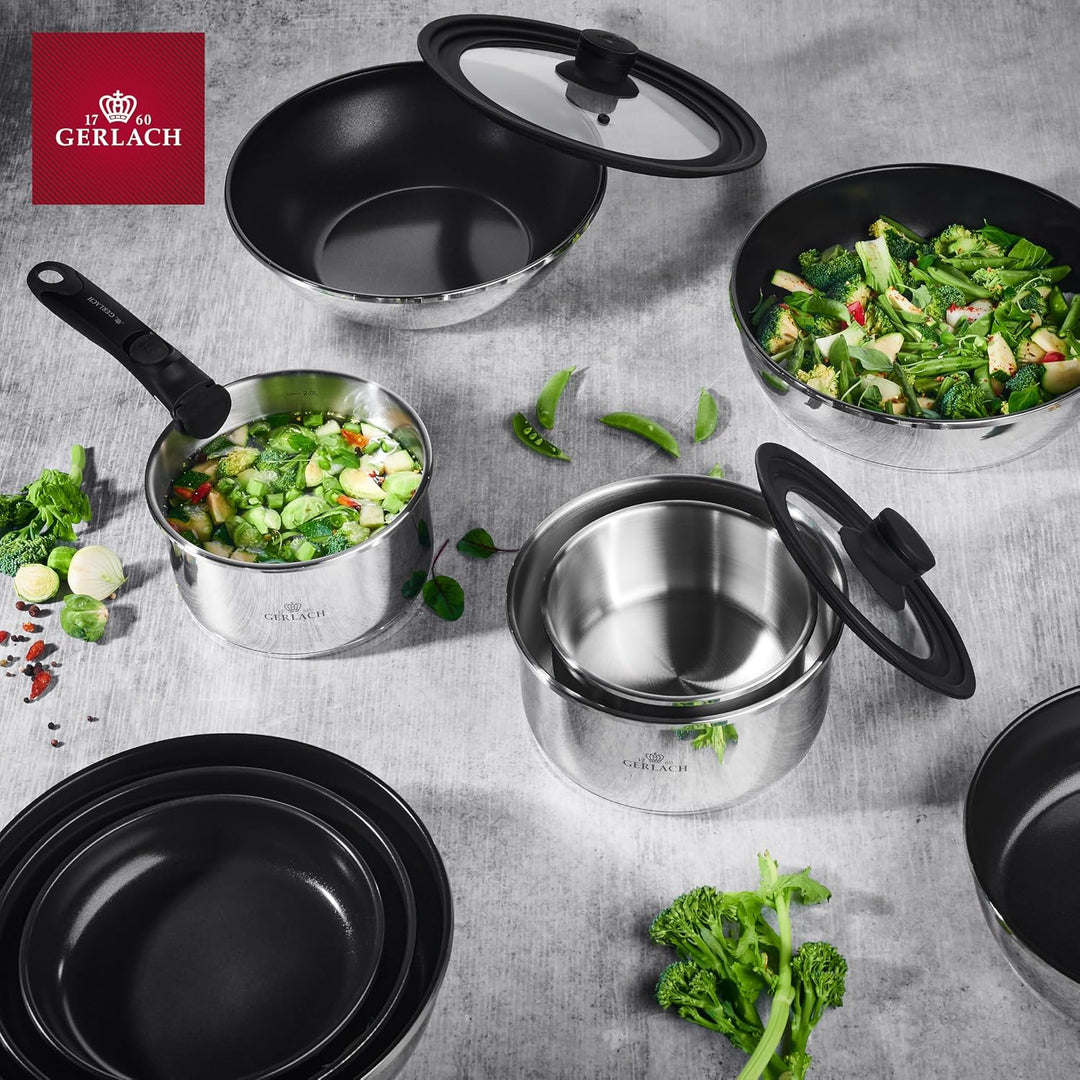 Gerlach Smart Steel Topf-Set Edelstahl Abnehmbarer Griff Kochtopf-Set Induktion Induktionstöpfe-Set