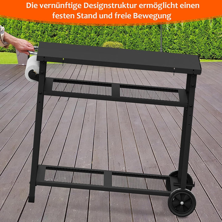 multifunktionaler Grillwagen, 3-Etagen Grill-Esswagen, Küchenwagen mit Papierhandtuchhalter und Hake