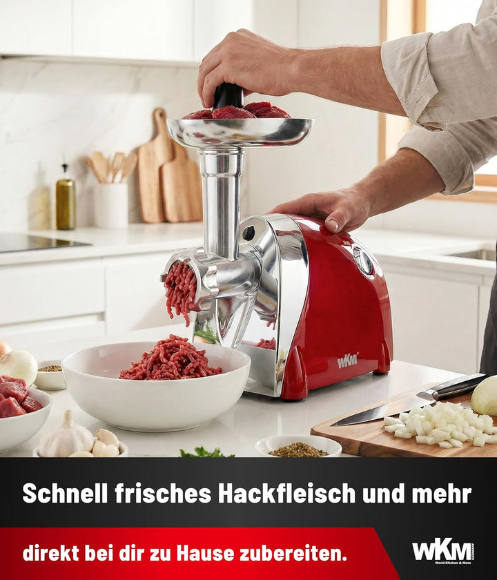 WKM Elektrischer Fleischwolf Rot - 3 Schneidvorsätze für perfektes Hacken - Mit Kebbe- &amp; Wurstaufsat