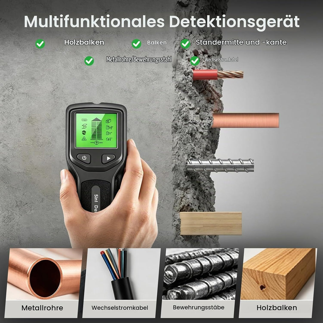 5 in1 Leitungssuchgerät Ortungsgerät Wand, Leitungssucher Stromleitungen mit HD-LCD-Display und Audi