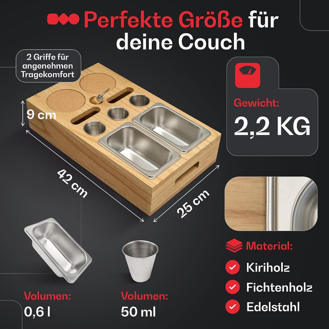 Premium Couchbar - Kiriholz - 3 Farben - 3 Dipschalen 2 Snackschalen 2 Untersetzer 1 Flaschenöffner,