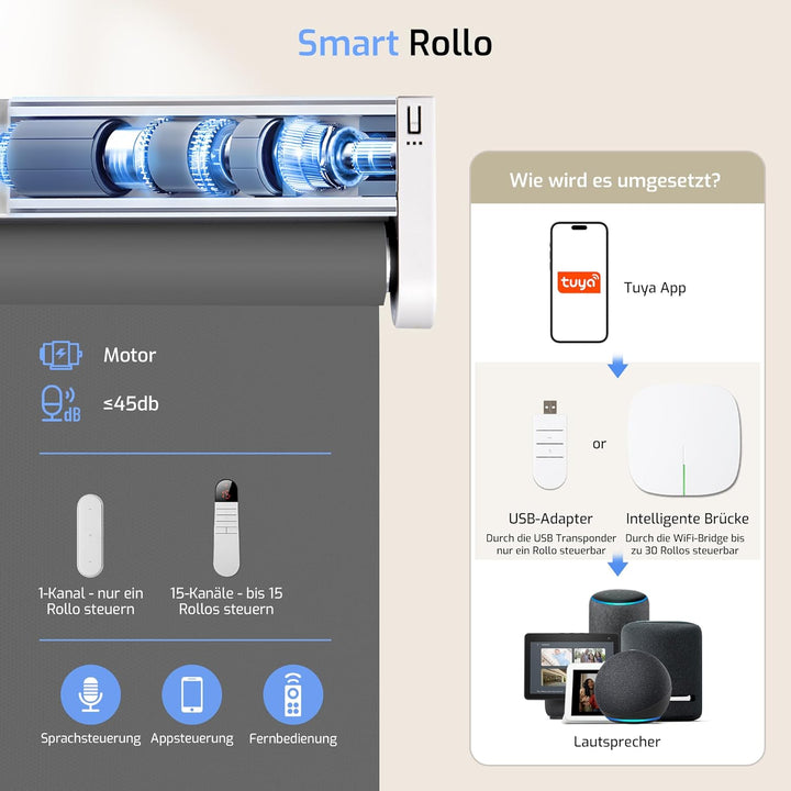 Grandekor Elektrische Rollos mit Lithiumbatterie,Elektrisches Verdunklungsrollo mit Motor &amp; Fernbedi