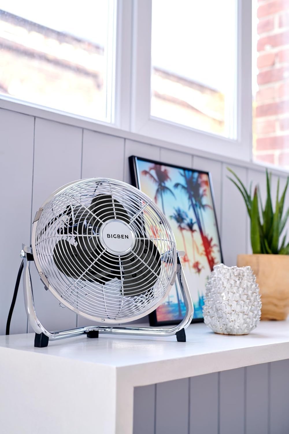 Bigben 48-W-Tischventilator, 3 Geschwindigkeitsstufen, neigbarer Kopf, gebürstetes Aluminium, für Sc