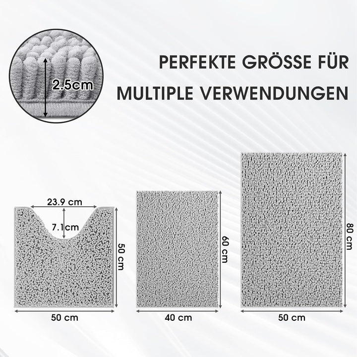 Badematte Set 3 teilig Light Grey, rutschfeste Chenille Badteppiche, Waschbar &amp; Minimalistisch Badvo