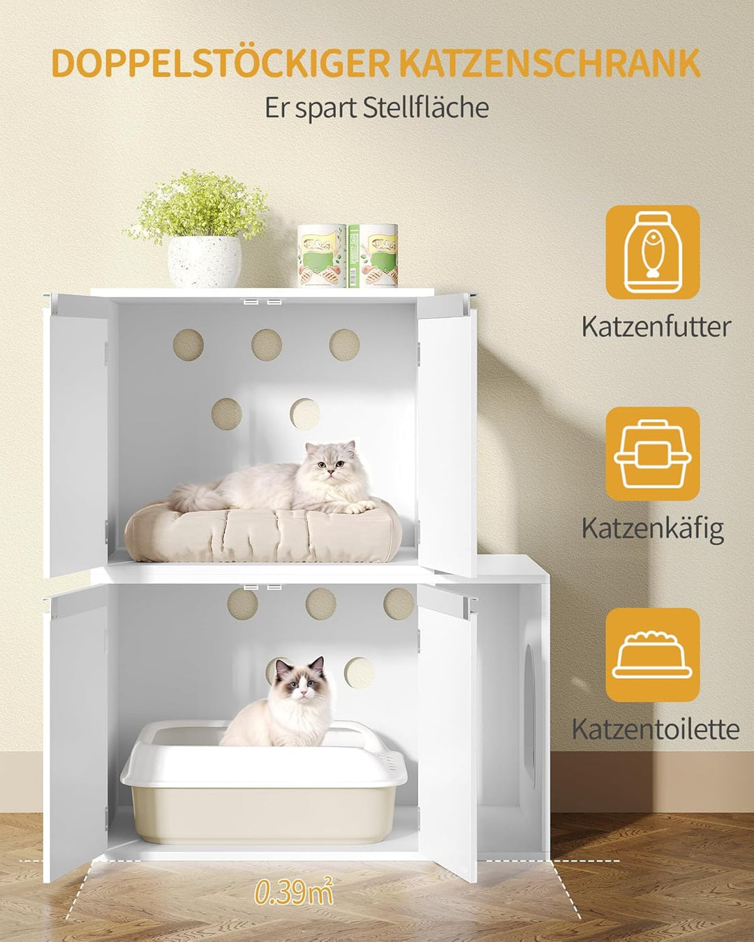 Hzuaneri Katzenschrank für 2 Katzen, Katzenklo Schrank, Katzenhaus Versteckt mit Doppelräumen, Kann
