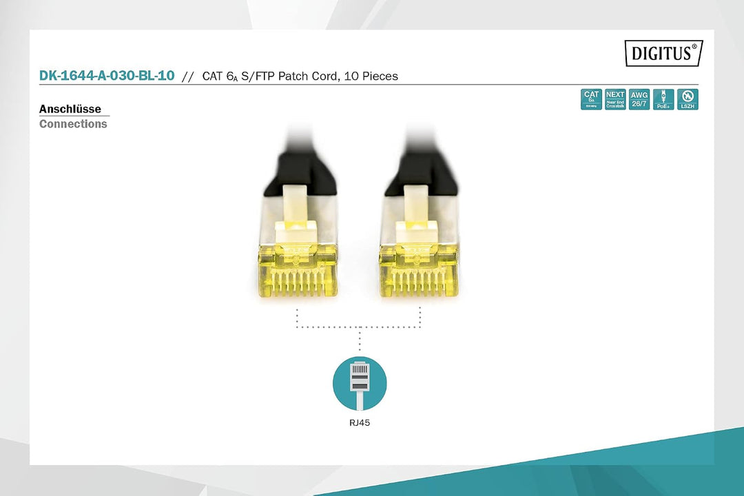 DIGITUS LAN Kabel Cat 6A – 3 m – 10 Stück – S/FTP Geschirmt – Schwarz Schwarz 3 m - 10 count, Schwar