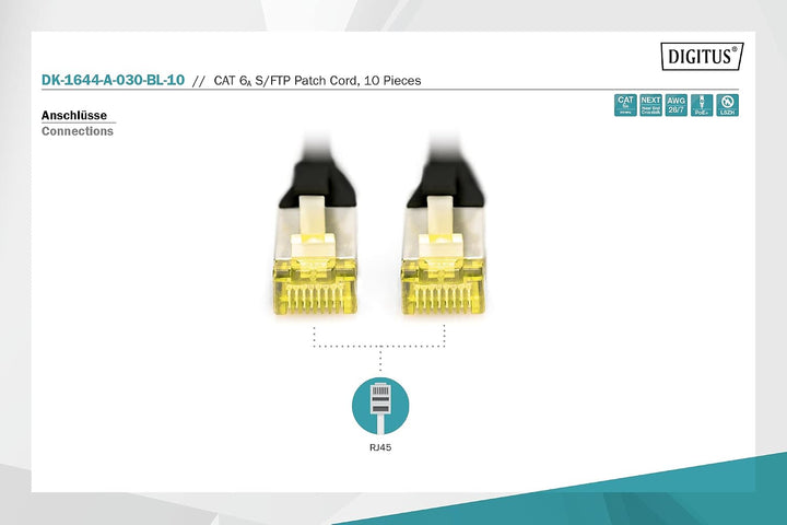 DIGITUS LAN Kabel Cat 6A – 3 m – 10 Stück – S/FTP Geschirmt – Schwarz Schwarz 3 m - 10 count, Schwar