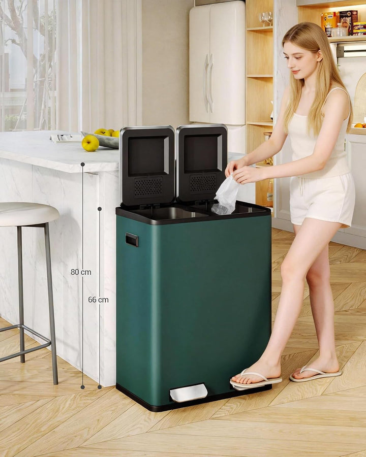 Hzuaneri Mülleimer Küche, 2 x 30 L, Mülltrennsystem 2 Fächer 60 L, Edelstahl-küchenmülleimer, Tretmü
