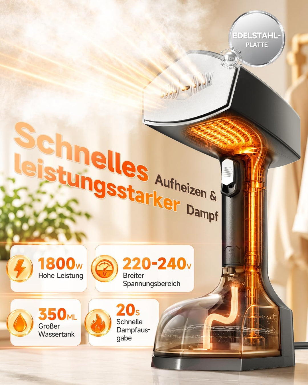 Dampfglätter, 2-in-1 Steamer für Kleidung, 350 ml Tank, 20 Sek. Aufheizen