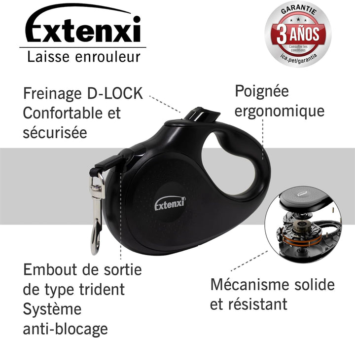 ICA Hundeleine, einziehbar, bis 12 kg, Länge 3 m, ergonomischer und sicherer Griff (Schwarz, XS) Sch
