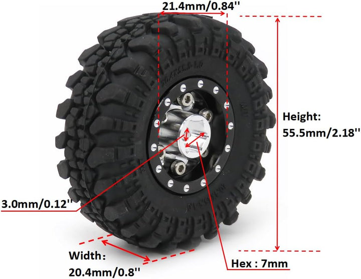 hobbysoul Schwere verstellbare Offset 1/24 Crawler Räder und 1,0 Reifen schwarz-Silberne, Negative O