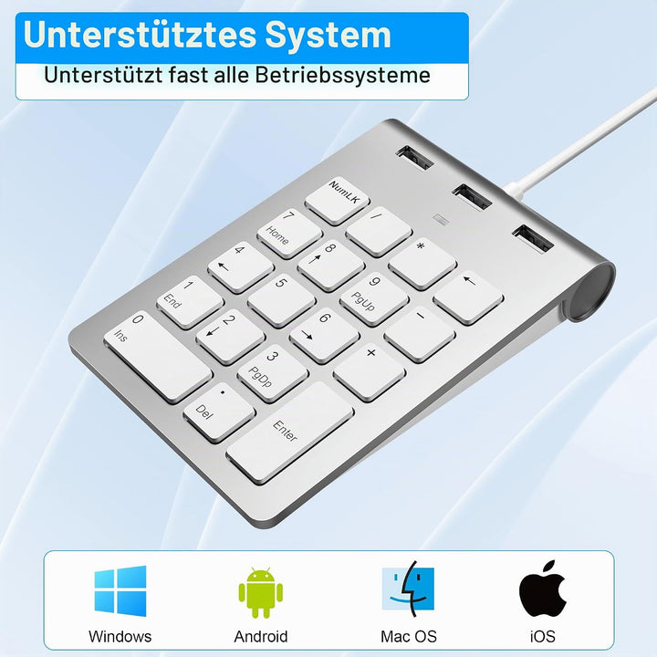 Numeric Keypad Wired Numpad, USB A/USB C Ziffernblock Ergonomischer Mini Nummernblock mit 3 USB 2.0