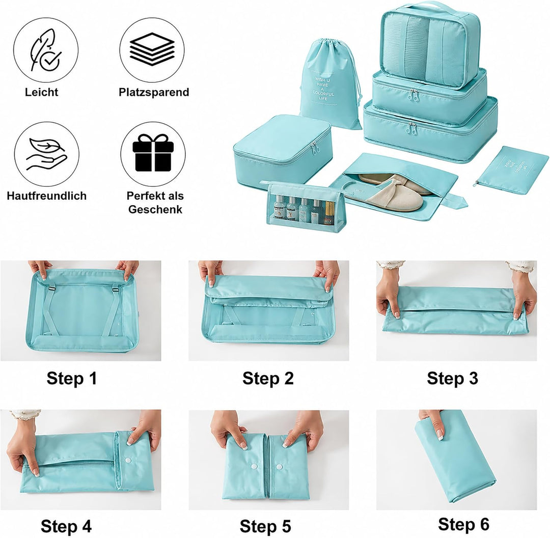Packing Cubes 8er Set Koffer Organizer Packwürfel Set wasserdicht Türkisblau, Türkisblau