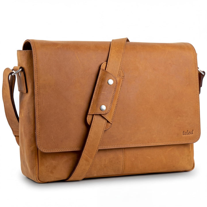 Umhängetasche Leder für Herren Damen - Echtleder Laptoptasche 15.6 Zoll, Leder Aktentasche Messenger