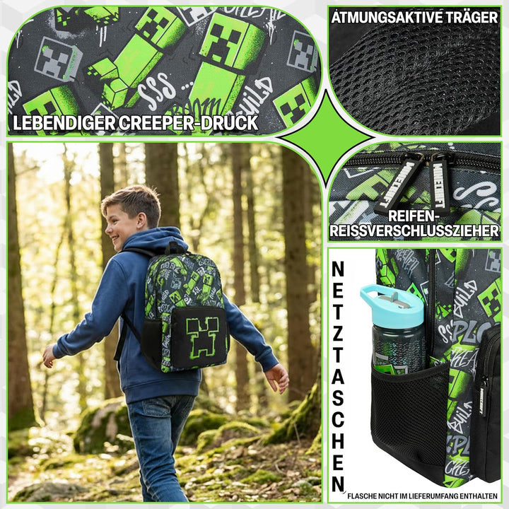 Minecraft Rucksack Kinder Jungen Kinderrucksack Creeper Freizeitrucksack mit Reissverschluss-Fächern