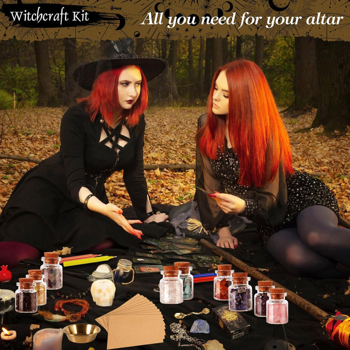 VIPNAJI Starter Witch Kit 64 Stück Witchcraft Kit,Kerzen Kleine,Trockenblumen,Kristallen,Messlöffel,