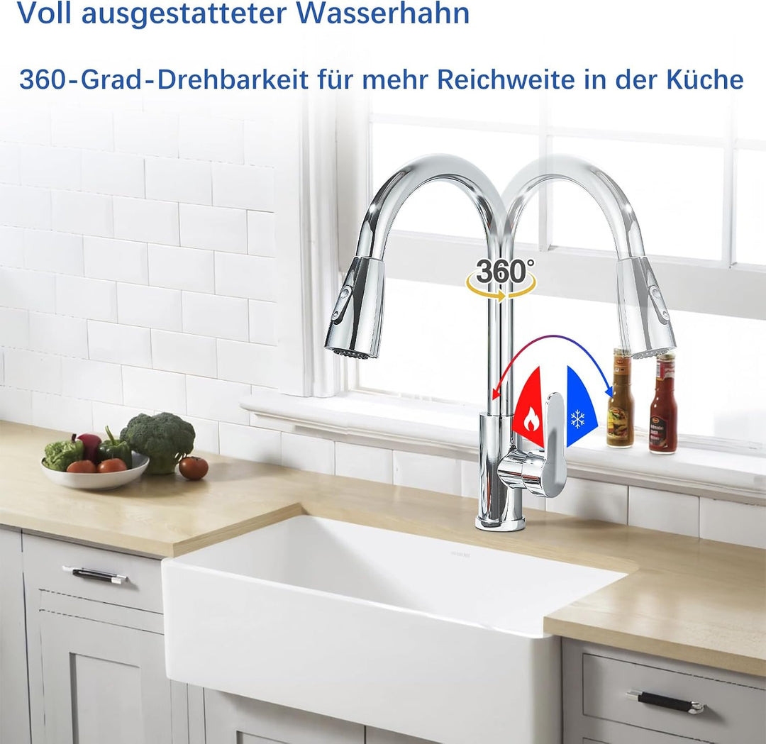 Wasserhahn Küche,Hochdruck Küchenarmatur mit Herausziehbarer Brause Ausziehbar Armatur,360° Schwenkb