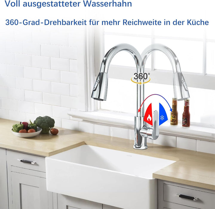 Wasserhahn Küche,Hochdruck Küchenarmatur mit Herausziehbarer Brause Ausziehbar Armatur,360° Schwenkb
