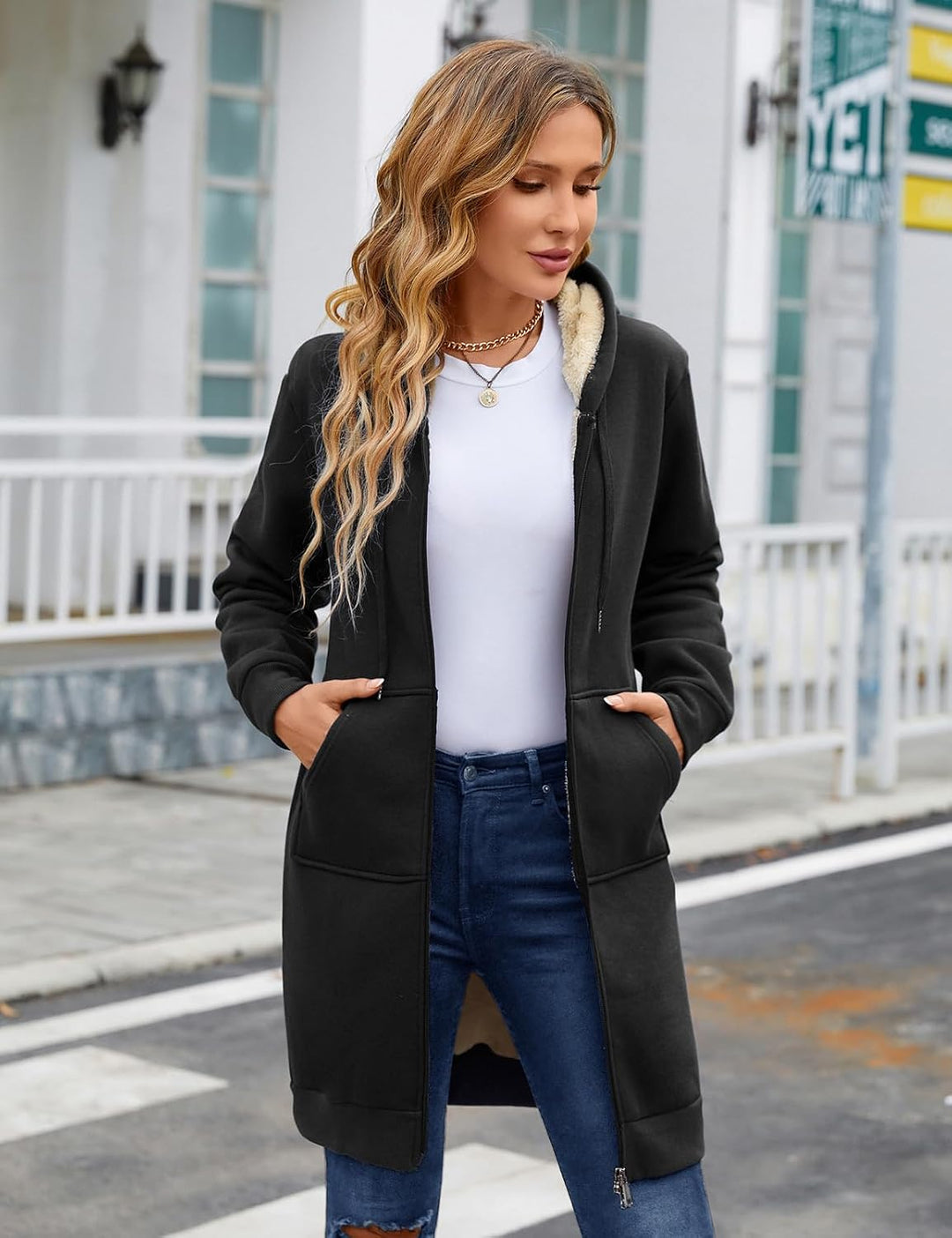 Nadeer Damen Mantel Plüschjacke mit Kapuze Lang Gefüttert Hoodies Plüsch Reissverschluss Mittellang