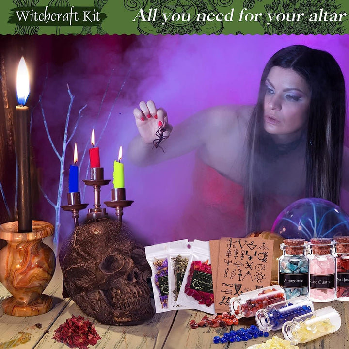 VIPNAJI Starter Witch Kit 64 Stück Witchcraft Kit,Kerzen Kleine,Trockenblumen,Kristallen,Messlöffel,