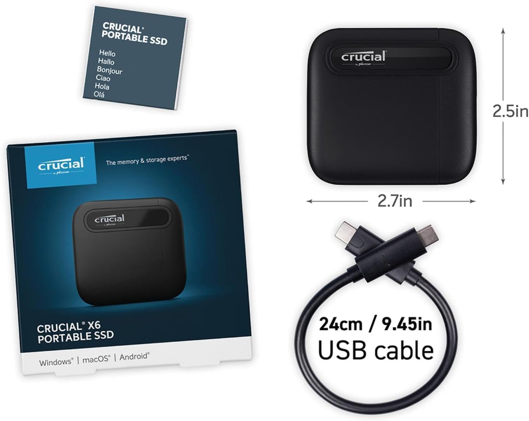 Crucial X6 2TB Tragbare SSD - Bis zu 800MB/s - PC und Mac - USB 3.2 USB-C Externes Solid-State-Laufw