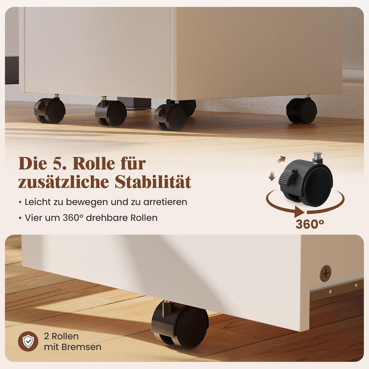 YOUDENOVA Rollcontainer mit Schubladen, Abschliessbar, Aktenschrank mit 2 Schubladen, 5 Rollen, Unte