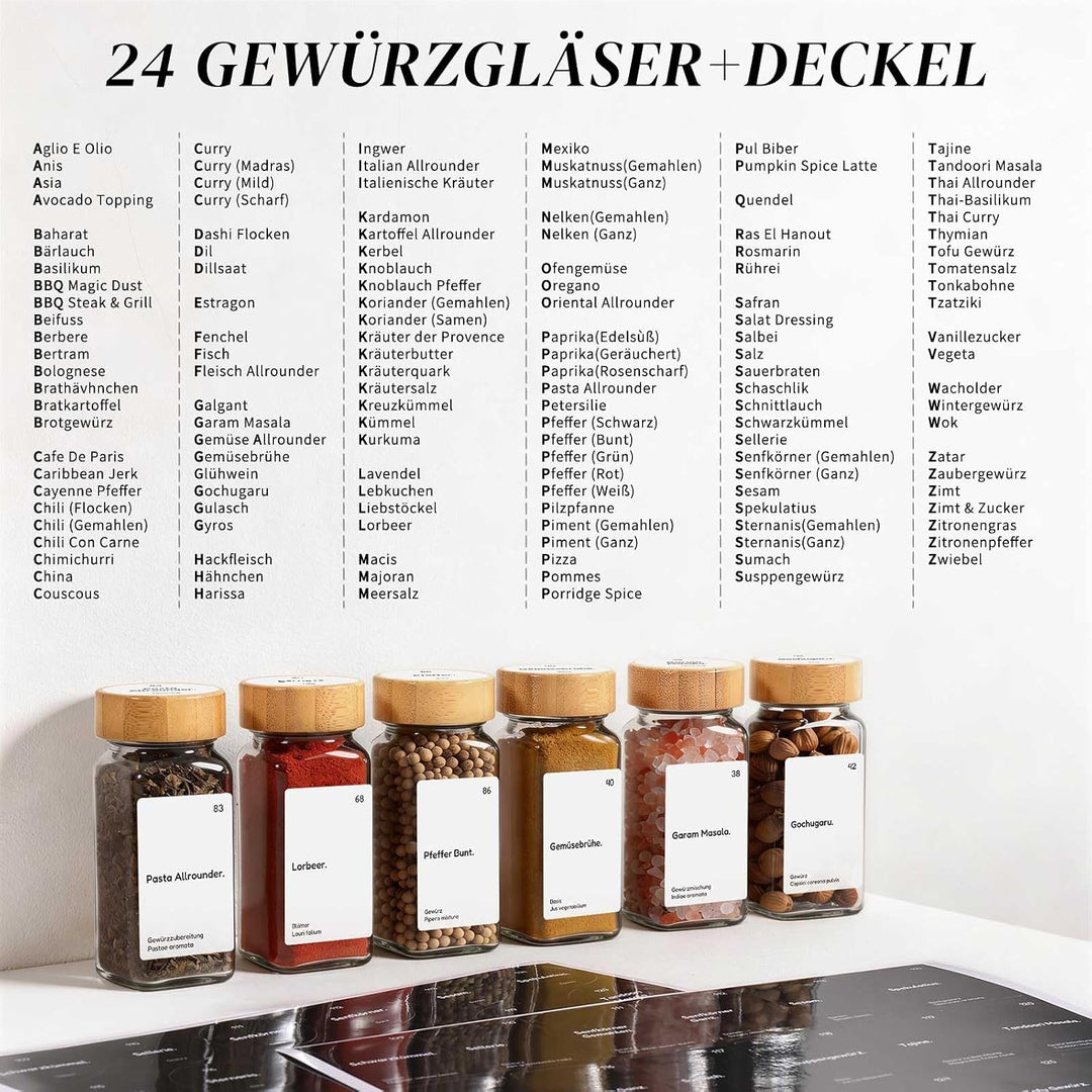 MHDCLY 24er Set Gewürzgläser Eckig mit Bambusdeckel (120ml) - Luftdichte Spice Jars &amp; Gewürzstreuer