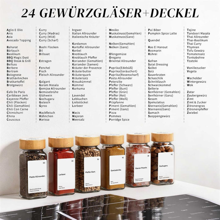 MHDCLY 24er Set Gewürzgläser Eckig mit Bambusdeckel (120ml) - Luftdichte Spice Jars &amp; Gewürzstreuer
