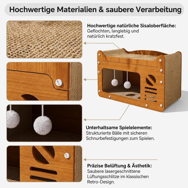 Katzenkratzhaus aus Holz im TV-Design Gelb mit Spielball – 2-in-1 Katzenhaus &amp; Kratzmöbel, Robustes