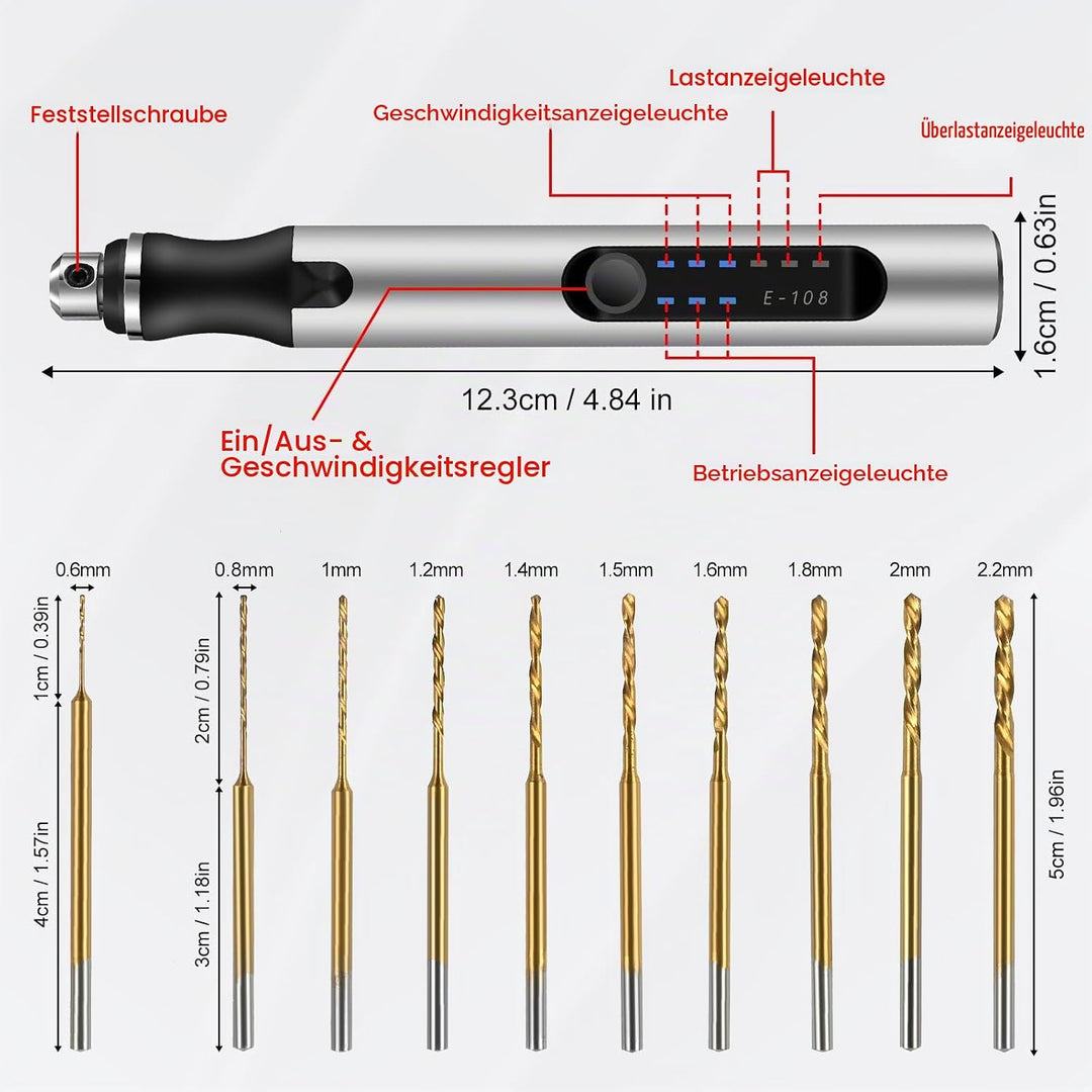 Comius Sharp 3-Gang Elektro Mini Bohrstift, Kabellos USB Wiederaufladbar DIY Handbohrer, mit 10 Spir