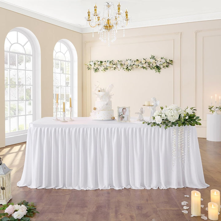 NSSONBEN 275cm White Polyester Table Skirts for Rectangle Tables, Wrinkle Free Ruffle Pleats Cloth T