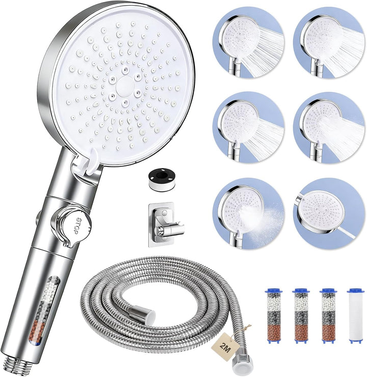 Duschkopf mit Schlauch 2M, 6 Strahlarten, Wassersparender Duschkopf 6 Modi Silber, 6 Modi Silber
