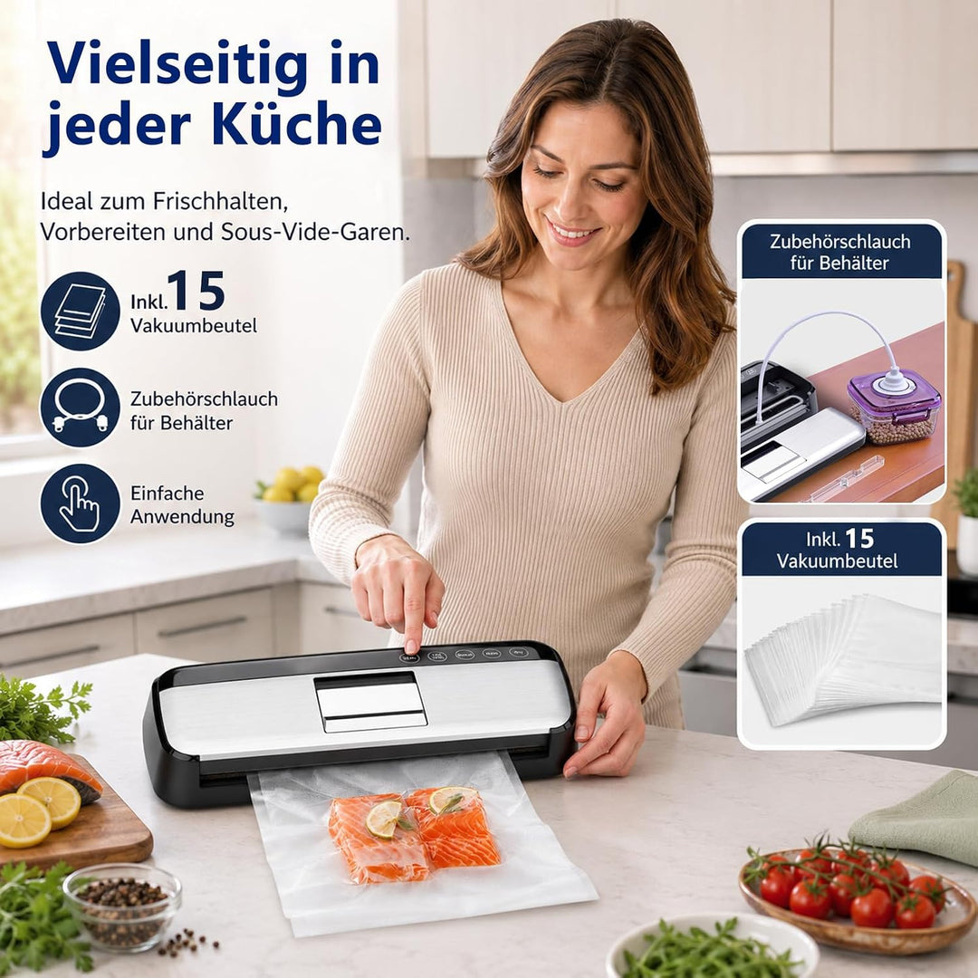 Vakuumiergerät für Lebensmittel, Vollautomatischer Vakuumierer mit 15 Beutel, Folienschweissgerät fü