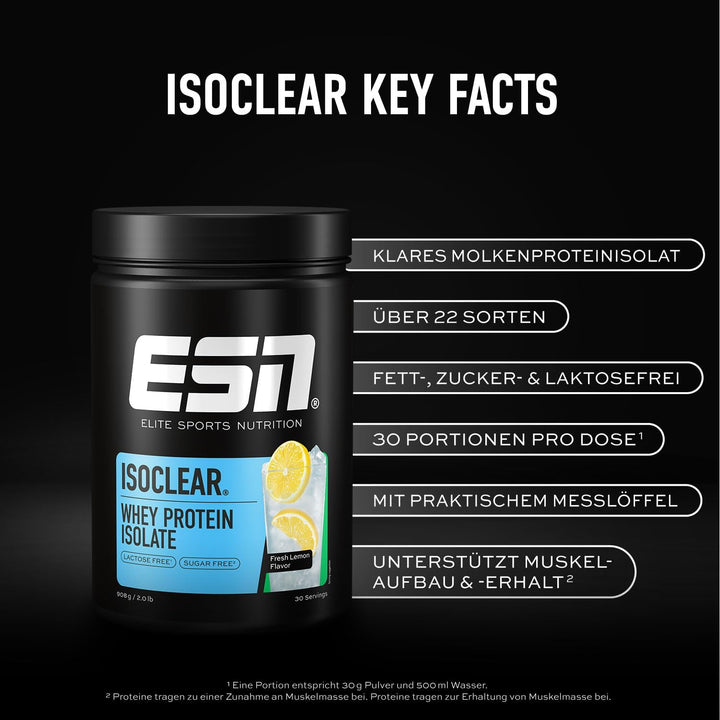ESN ISOCLEAR Whey Isolate Protein Pulver, Fresh Lemon, 908 g, Proteinlimo mit fruchtig leckerem Gesc