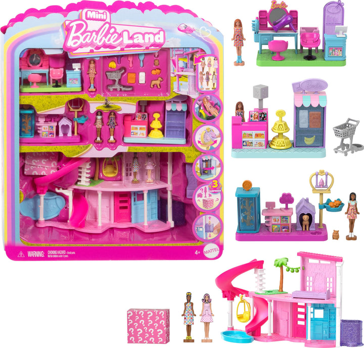 Barbie Mini Barbie Land Traumvilla und 3 Spielsets mit 4 ca. 3,8 cm grossen Puppen, Puppenhausmöbeln
