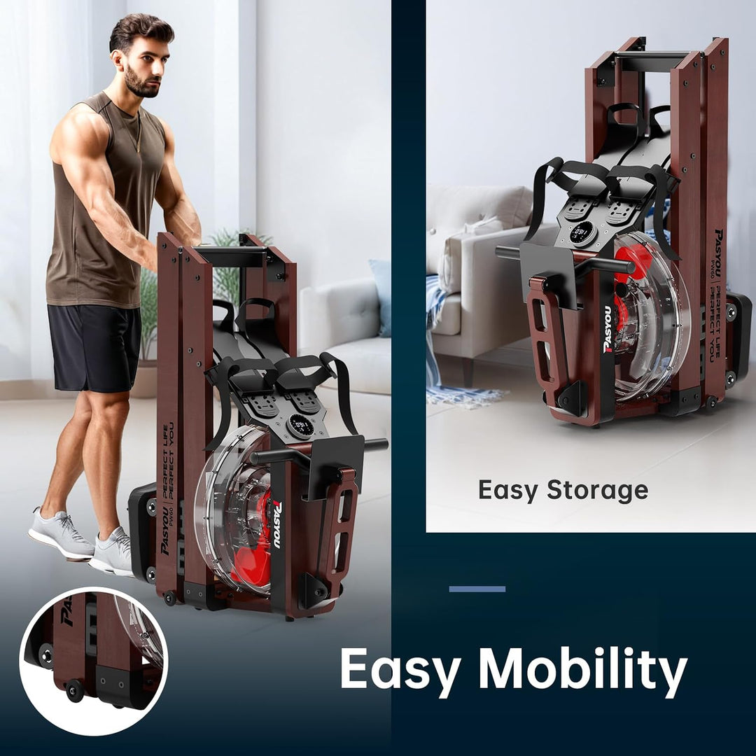 PASYOU Rudergerät für Zuhause aus Eiche, Wasserrudergerät klappbar mit Bluetooth Display &amp;30 Tage ko