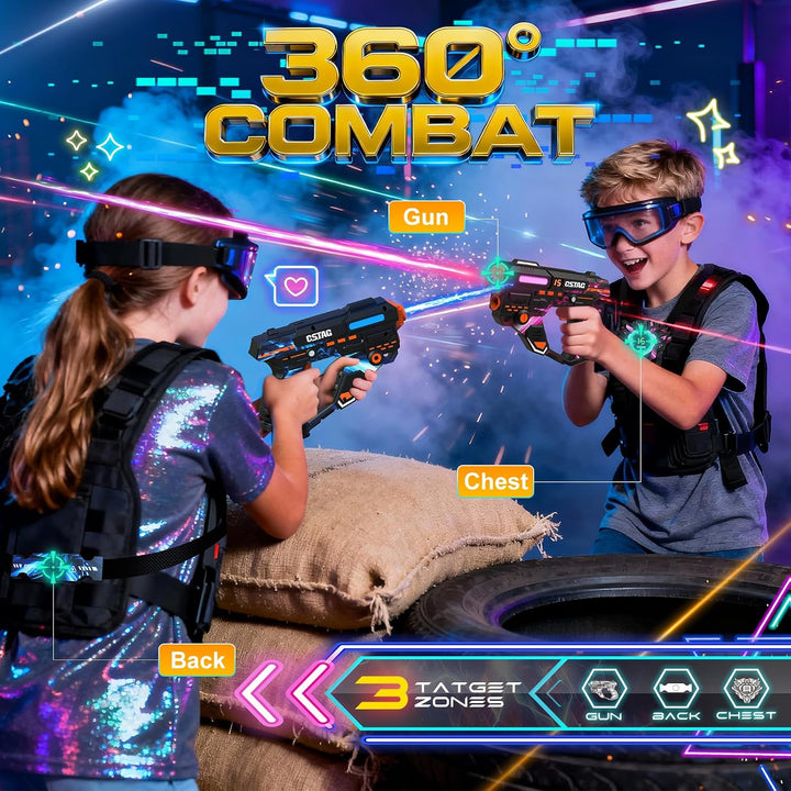 VATOS Wiederaufladbares Laser Tag Set mit 360°Sensoren für 4 Spieler, 2,4 GHz Infrarot Echtzeit Date