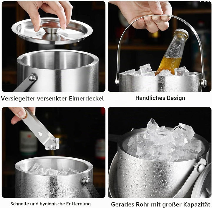 3L Eiswürfelbehälter mit Deckel, Edelstahl Eiswürfelbehälter Doppelwandig Isoliert, Eiskübel mit Dec