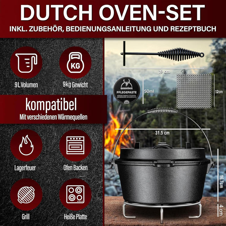 GUSSKÖNIG Dutch Oven Set [9L ] - Eingebrannter Feuertopf mit praktischem Deckelheber und Edelstahl U