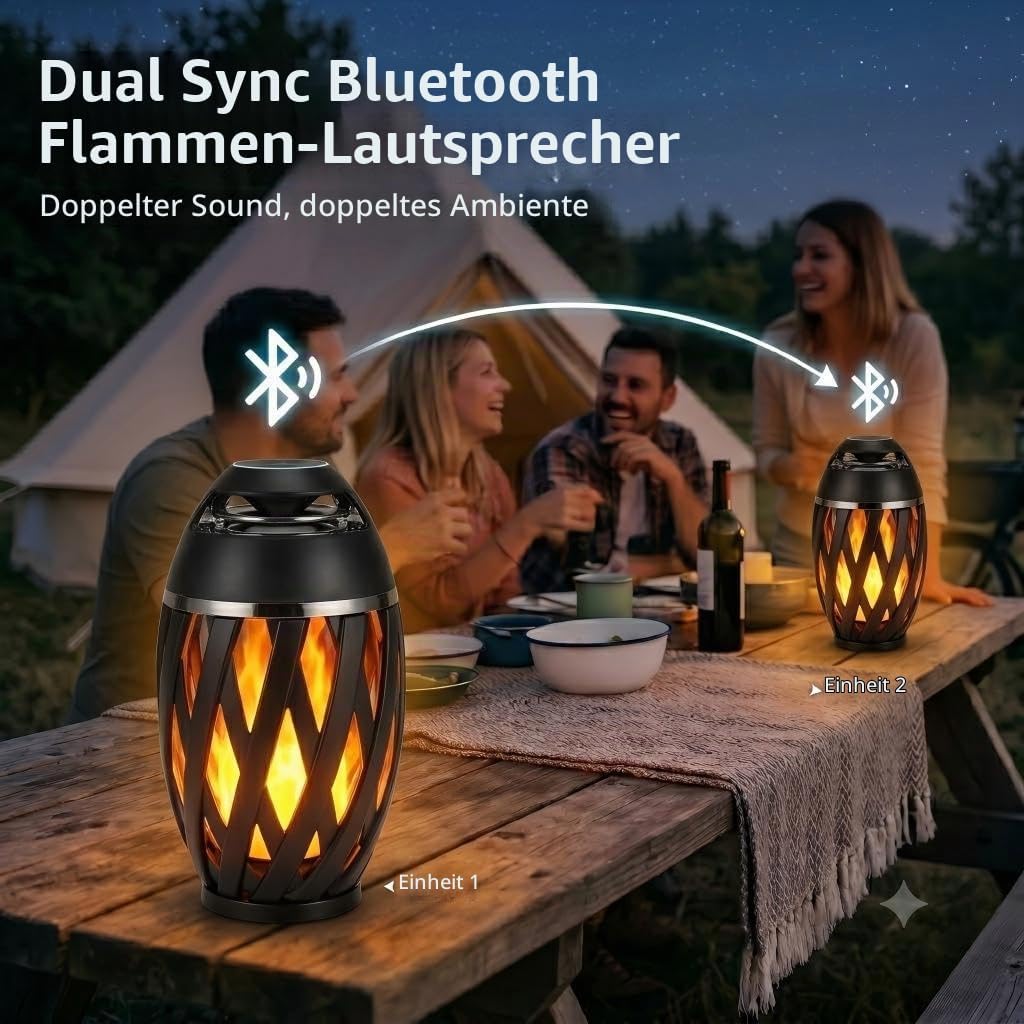 Outdoor Bluetooth Lautsprecher mit Flammenlicht, Kabelloser LED Tischlampe, IP65 Wasserdicht, Stereo