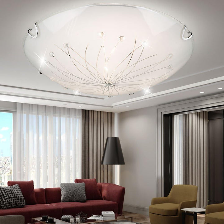 Design Decken Leuchte Glas satiniert Dekor Linien Steine klar Lampe Chrom Globo 40402-2