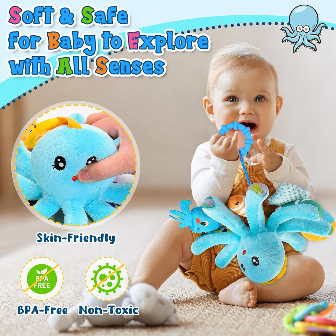 Plüsch Oktopus Baby Spielzeug 0-18 Monate – mit 8 hängenden Sensory-Spielzeugen &amp; Spiegel– Baby Mont