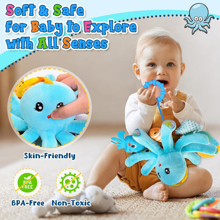 Plüsch Oktopus Baby Spielzeug 0-18 Monate – mit 8 hängenden Sensory-Spielzeugen &amp; Spiegel– Baby Mont