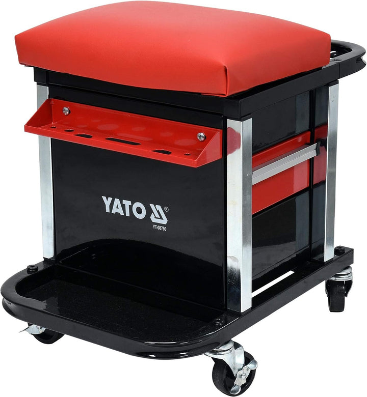 Yato Profi Werkstatthocker mit 2 Schubladen, Staufach und Ablage, 360° drehbar, 4 Rollen, stabile un