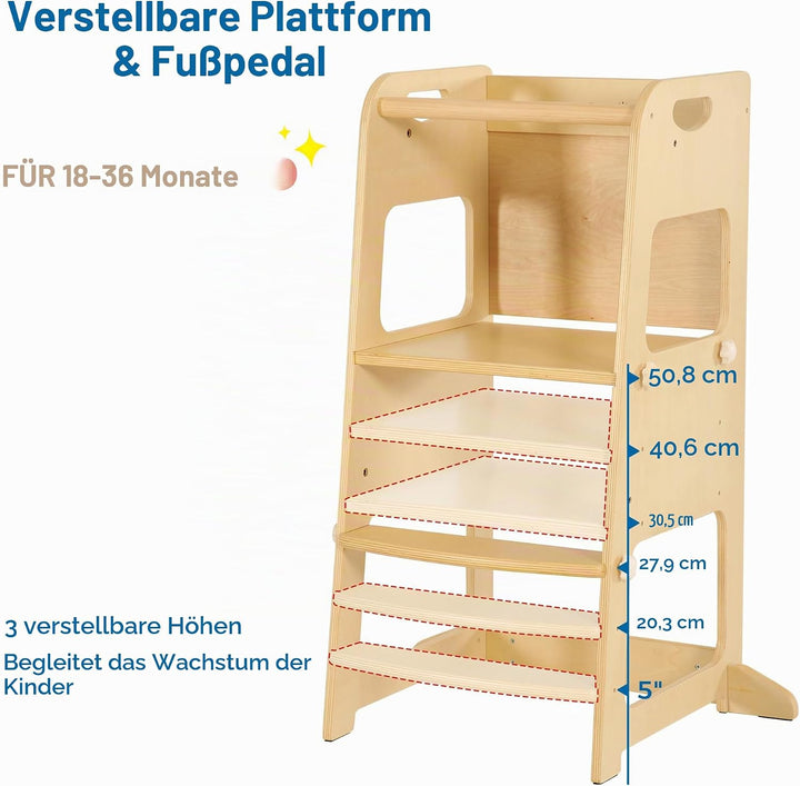 Bateso Basic Lernturm für Kinder mit Schutznetz, Höhenverstellbarer Montessori Lernturm aus Holz, St