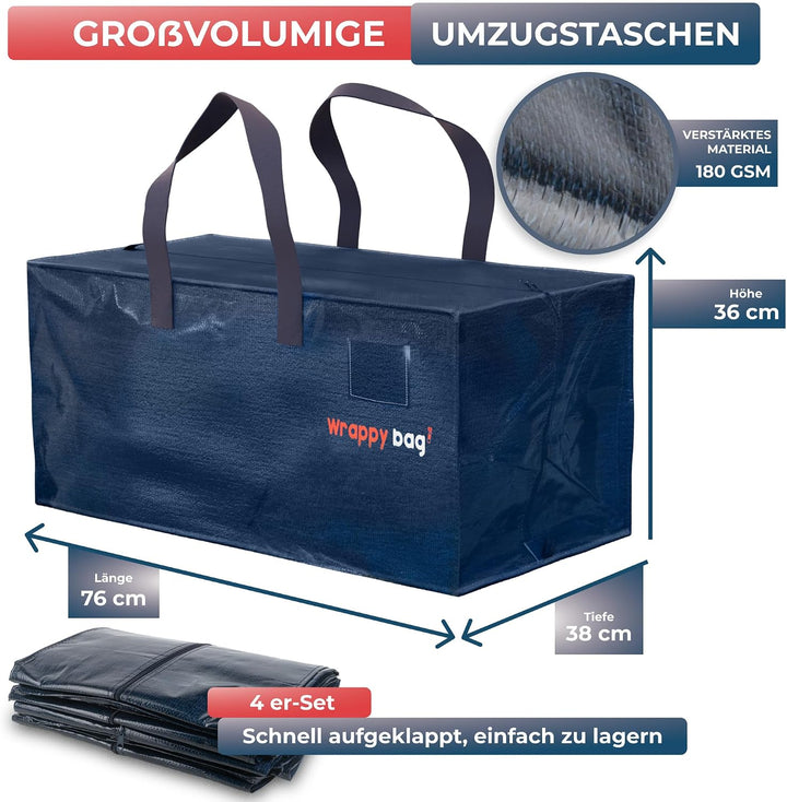 WRAPPYBAG 4er-Set Grosse Kunststoff-Aufbewahrungstaschen – Jumbo XXL Umzugstaschen – Wasserdicht, St