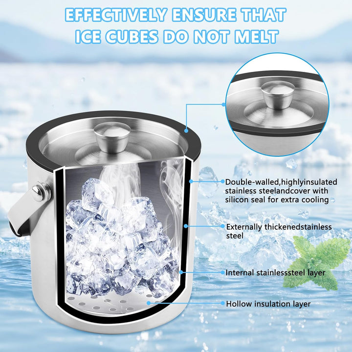 1.6L Eiswürfelbehälter, Eisbehälter mit Deckel, Eiskübel mit Clips und Sieb, Eiswürfelbehälter Edels