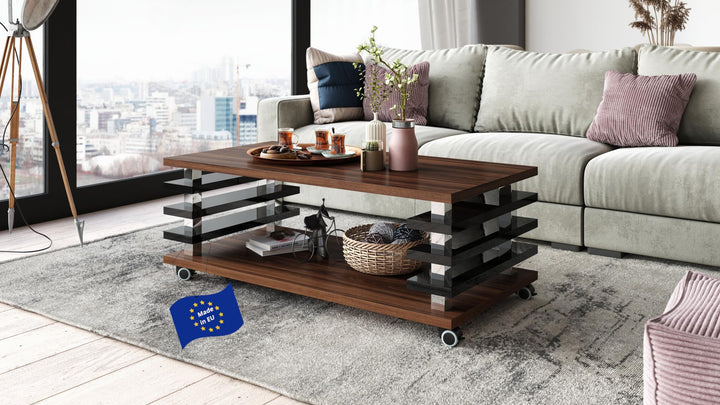 Design Couchtisch DC-3 Tisch Wohnzimmertisch mit Rollen 120x60x40 / 45, Farbe:Nussbaum - Schwarz Hoc