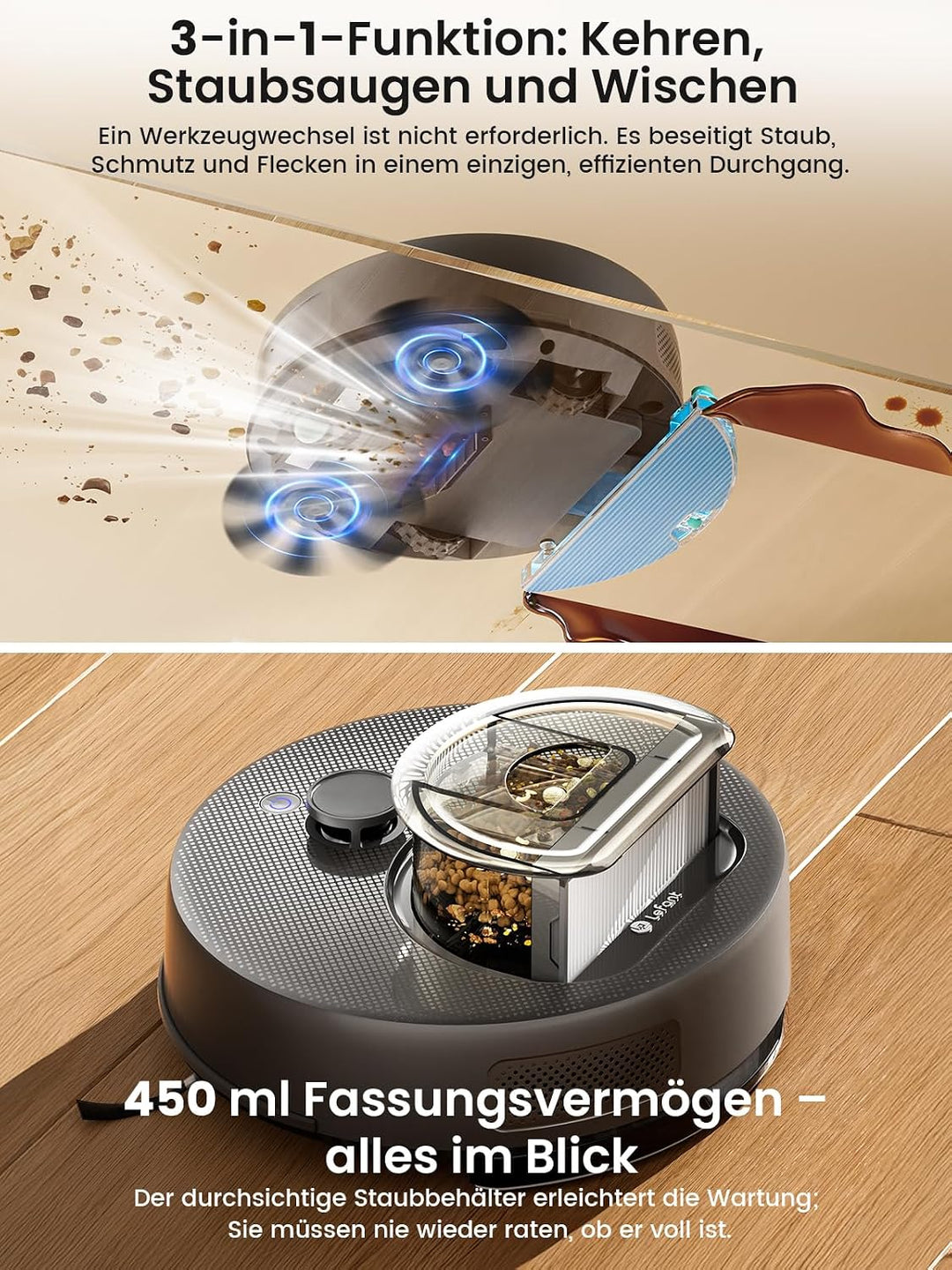 Lefant M330 Plus Staubsaugroboter mit Wischfunktion, 5000 Pa Saugkraft Anthrazit, Anthrazit