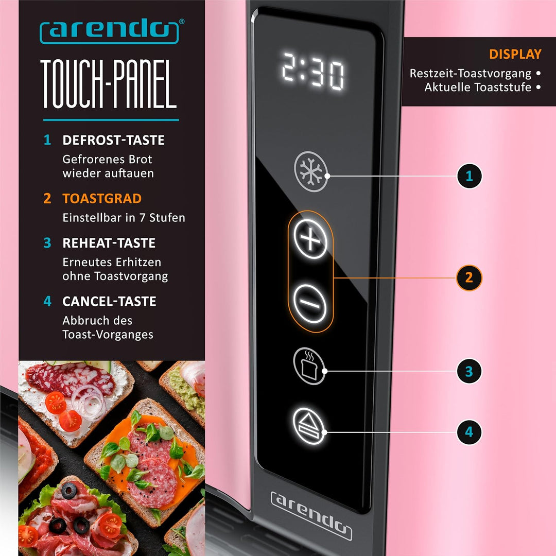 Arendo - Edelstahl Toaster Langschlitz 4 Scheiben - Touchscreen – Doppelwandgehäuse – 1500 W – Integ